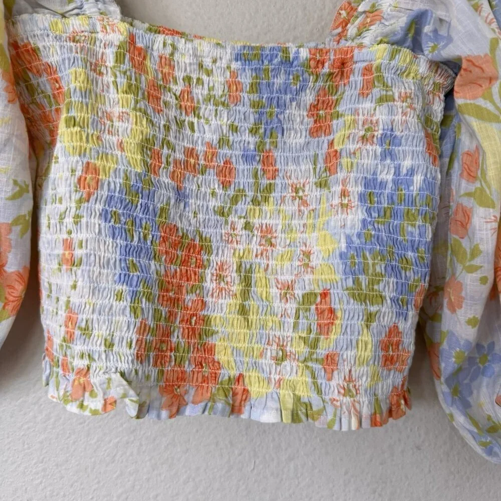 Billabong Feeling Groovy Puff Sleeve Floral Smocked Crop Blouse Top Blue Small - Picture 6 of 10